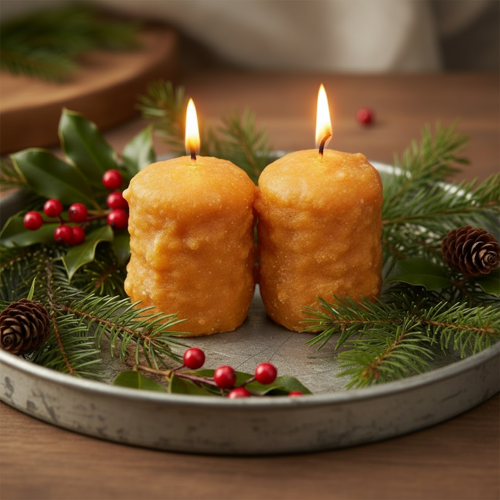 Two lit candles on a decorative tray with greenery and berries
