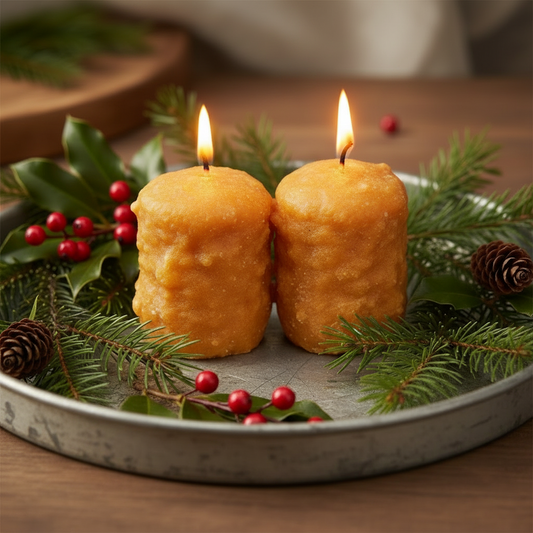 Two lit candles on a decorative tray with greenery and berries