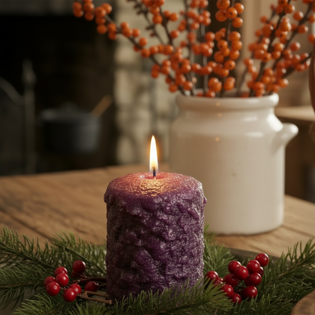 Purple candle with a flame on a wooden surface with berries and greenery, blurred background