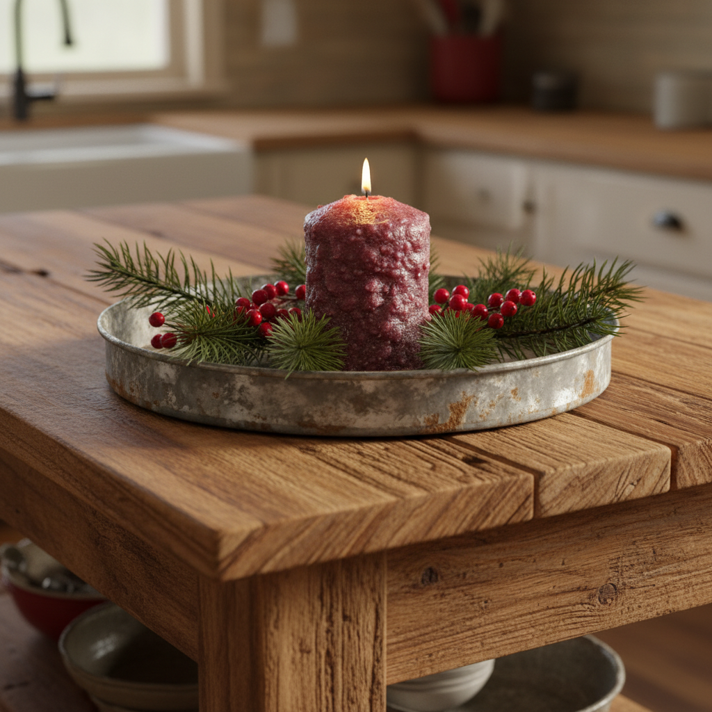 Decorative candle with greenery on a wooden table in a kitchen setting