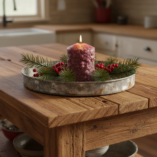 Decorative candle with greenery on a wooden table in a kitchen setting