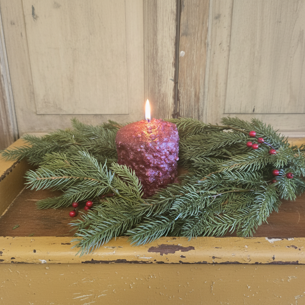 Candle in a decorative wreath on a wooden surface with a rustic background