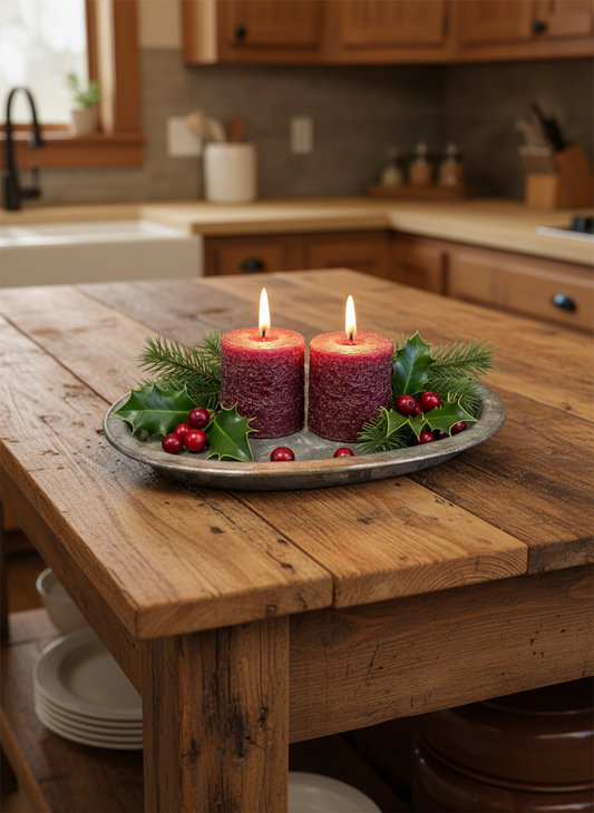 Two burgundy photos on an old tin tray on a primitive kitchen island.