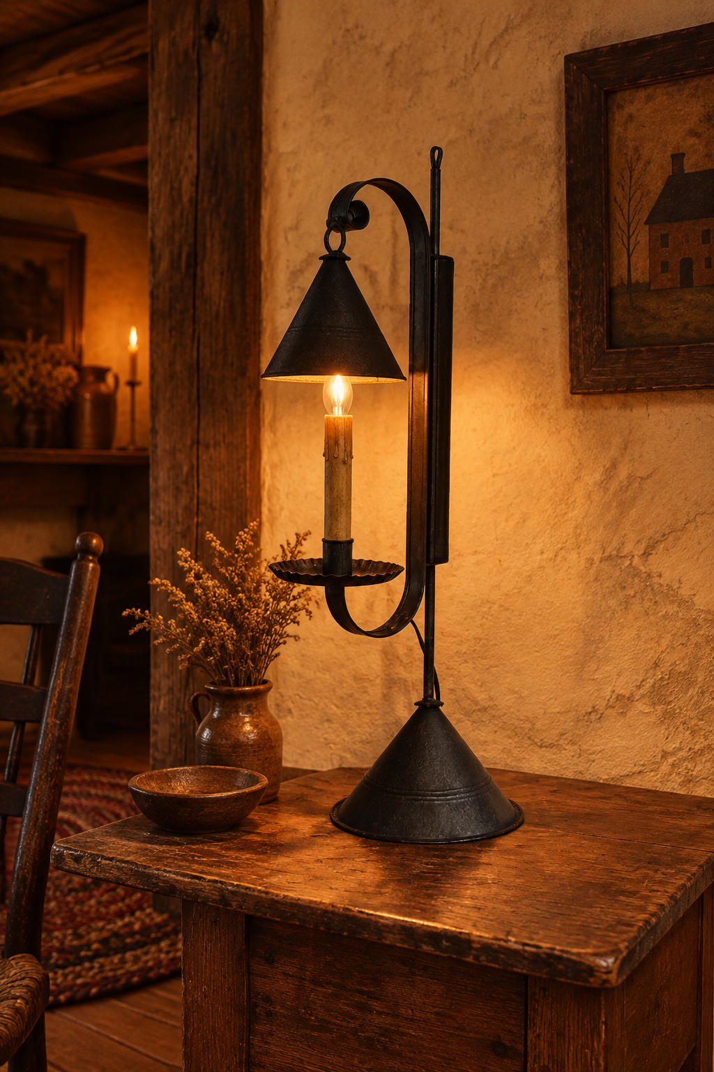Tin lamp on antique table in a dimly lit, primitive room.