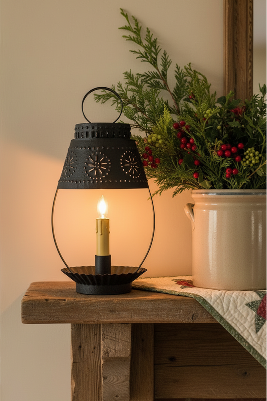 Decorative lantern with candle on a wooden table next to a potted plant.
