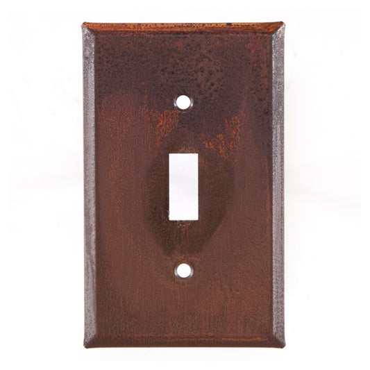 A single switch cover with a rustic tin finish, featuring a matte lacquer protective coating.