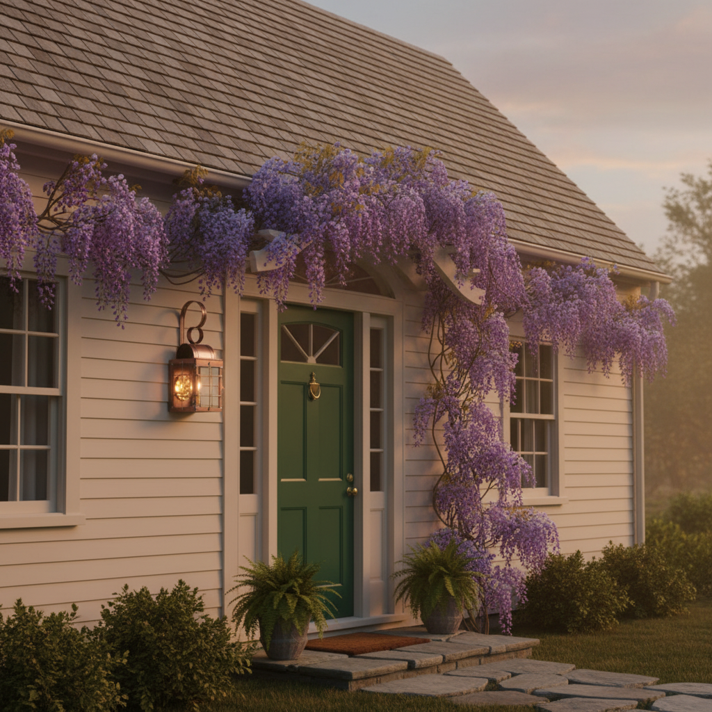 Cottage with wisteria climbing up the side, green door, and lantern.
