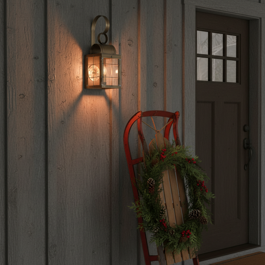 Decorative wreath on a red sled next to a wall-mounted lantern on a wooden building.