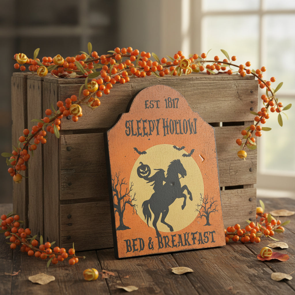 Sign with 'Sleepy Hollow' design featuring a horse and text on an orange background.
