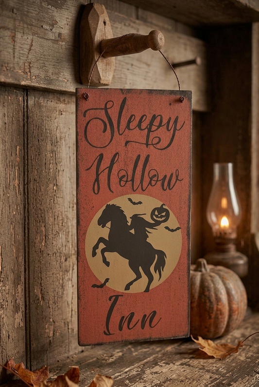 Decorative sign with 'Sleepy Hollow Inn' text and horse silhouette on a red background.