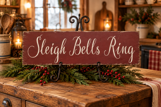 A rustic wooden sign reading 'Sleigh Bells Ring' in white script, displayed on a black metal stand over a holiday garland with red berries on a wooden table in a warmly lit room.