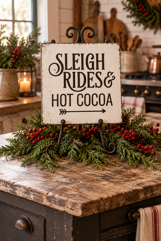 A rustic white sign reading “SLEIGH RIDES & HOT COCOA” with a black arrow, displayed on a black metal stand on a wooden kitchen island. The sign is decorated with green pine garland and red berries, with a cozy kitchen background.