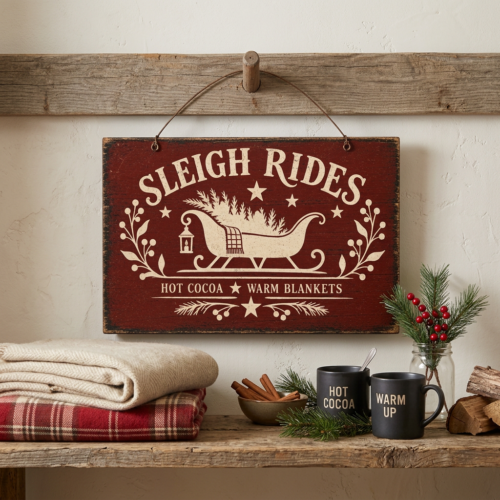 Sleigh rides wooden sign hanging from peg with blankets, hot chocolate cups and cinnamon sticks.