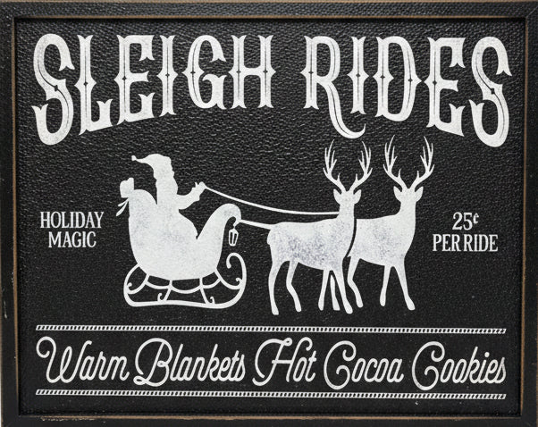 Decorative sign with 'Sleigh Rides' text and reindeer illustration on a metal background