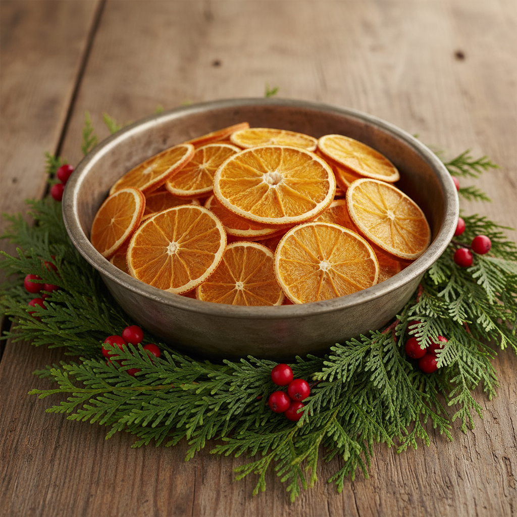 Bowl of dried orange slices on a wooden surface with greenery and berries