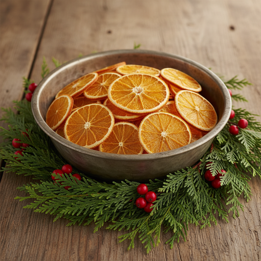 Bowl of dried orange slices on a wooden surface with greenery and berries