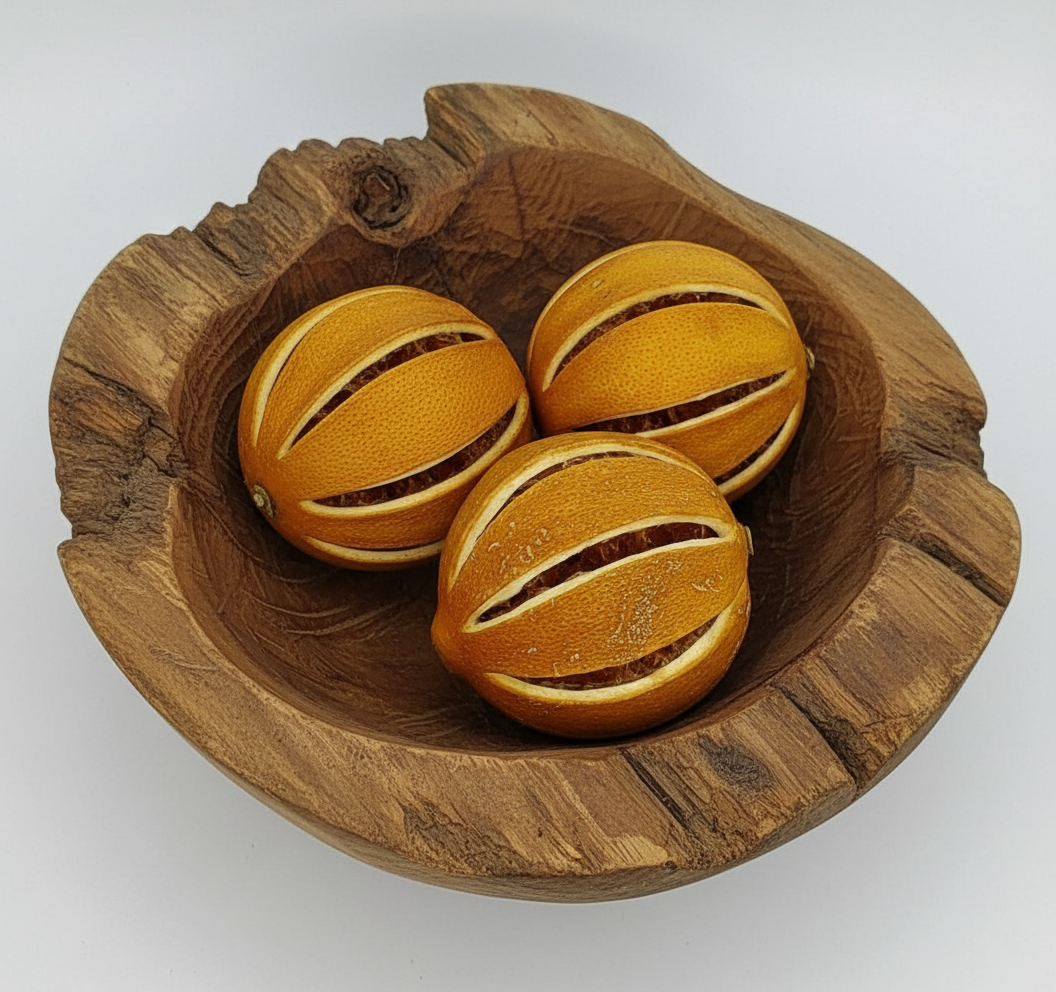 Three orange balls with a textured surface inside a wooden bowl on a white background
