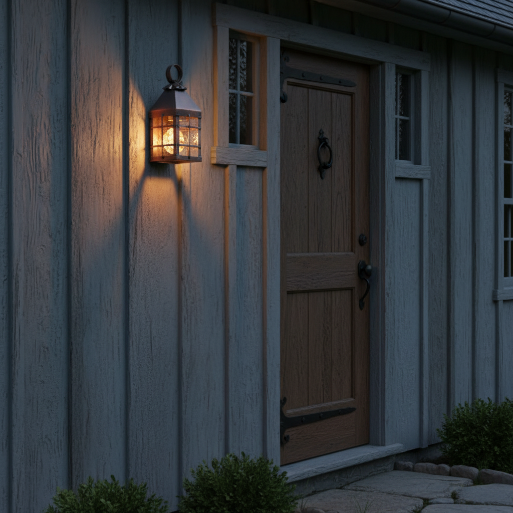 Wooden door with a lantern light fixture on a building exterior