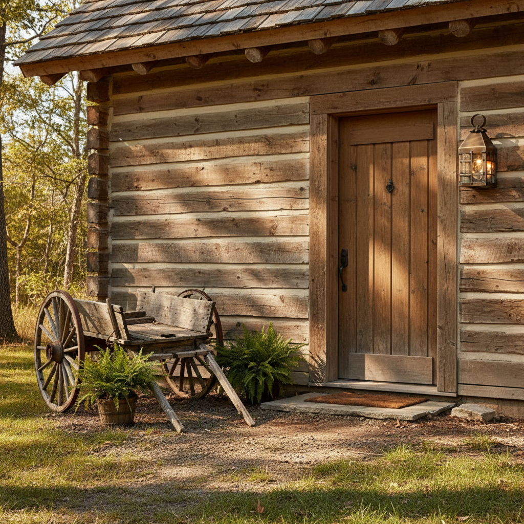 Wooden cabin with a wagon and potted plants in a natural setting