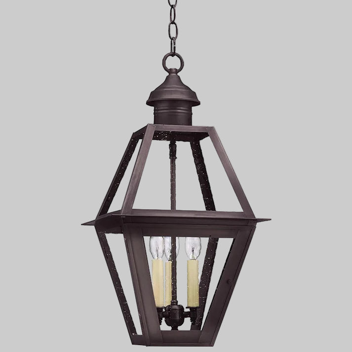 Bronze outdoor hanging lantern with two visible lights on a white background