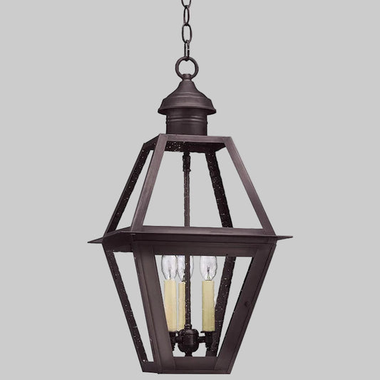 Bronze outdoor hanging lantern with two visible lights on a white background