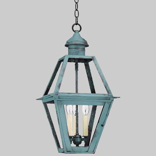Teal outdoor hanging lantern with two candles on a white background