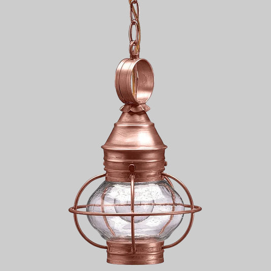 Copper pendant light with glass shade on a white background