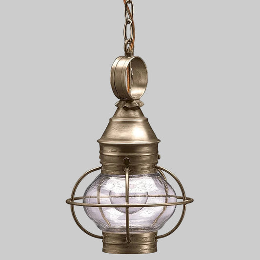 Bronze pendant light with clear glass shade on a white background