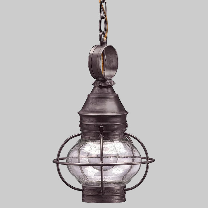 Pendant light with clear glass shade and metal cage on a white background
