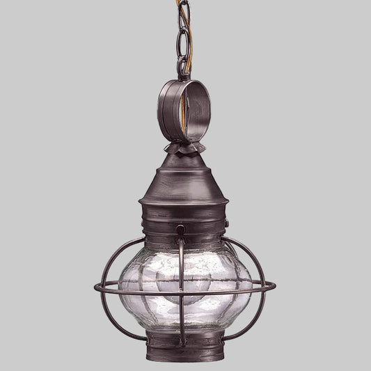 Pendant light with clear glass shade and metal cage on a white background