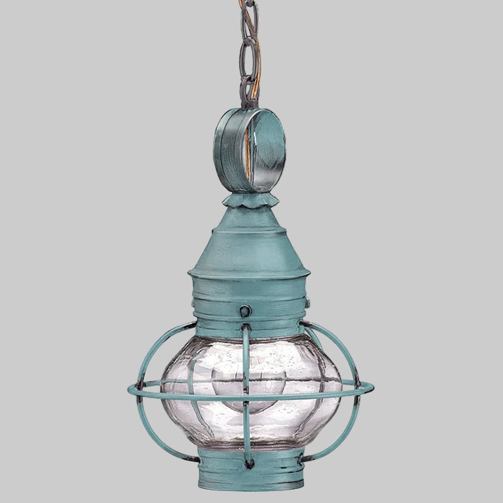 Vintage-style hanging lantern with a blue metal cage on a white background