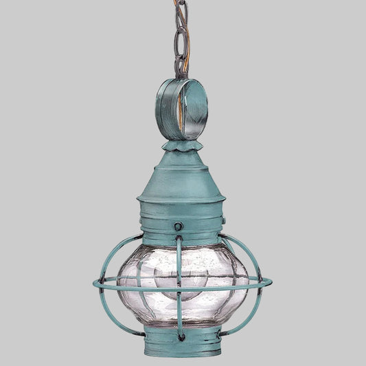 Vintage-style hanging lantern with a blue metal cage on a white background