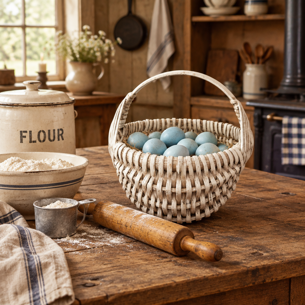 Basket of eggs next to baking supplies in a primitive kitchen.