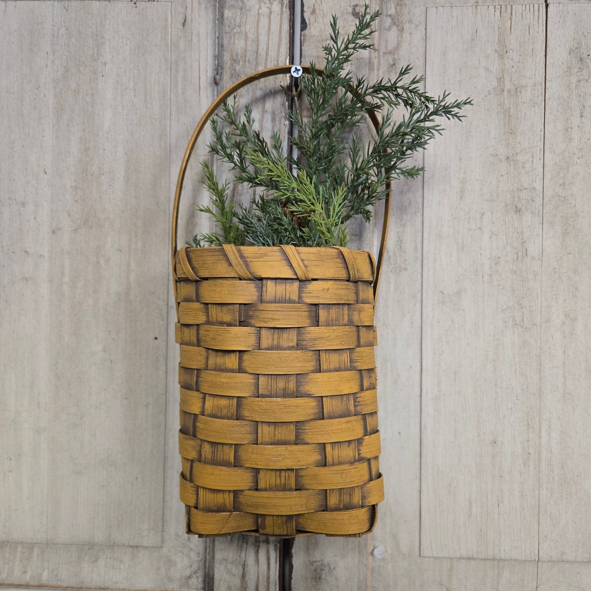 Woven basket with a plant on a wooden surface