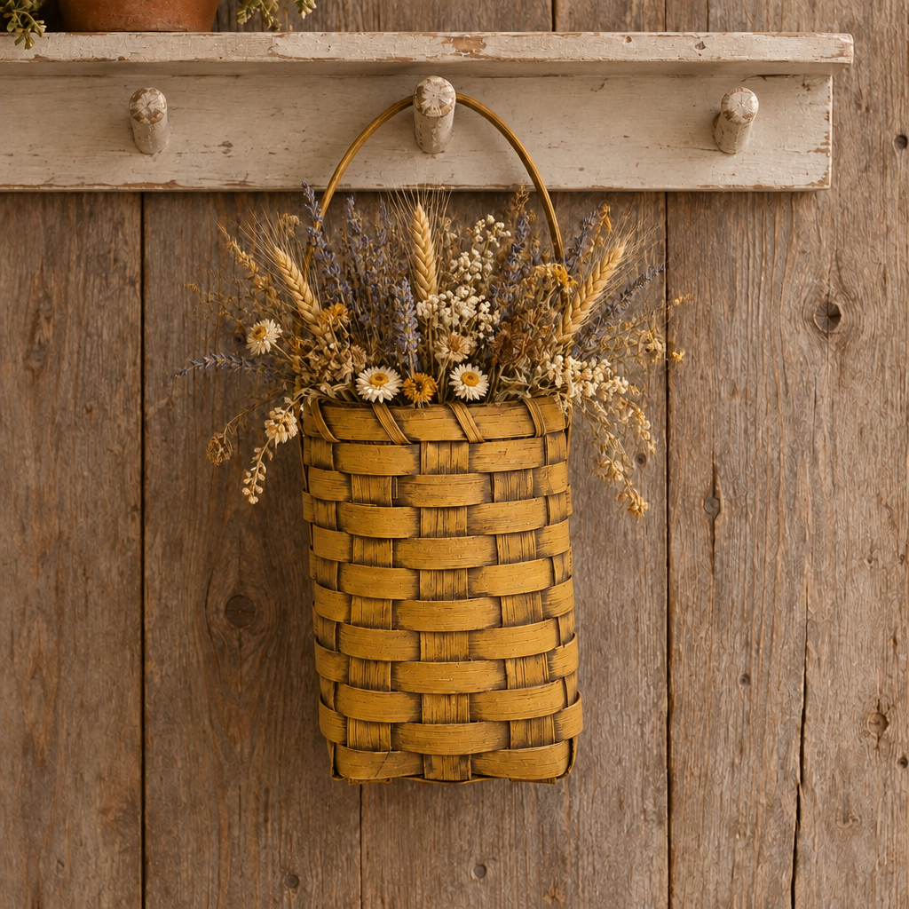 Mustard color basket with dried flowers hanging from shaker peg shelf.