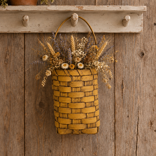 Mustard color basket with dried flowers hanging from shaker peg shelf.