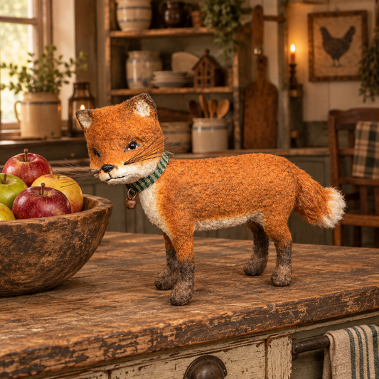 Handmade figurine of a fox next to a wooden bowl of apples in a primitive kitchen.