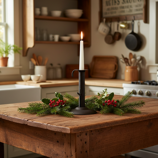Candle on a wooden table with festive decorations in a kitchen
