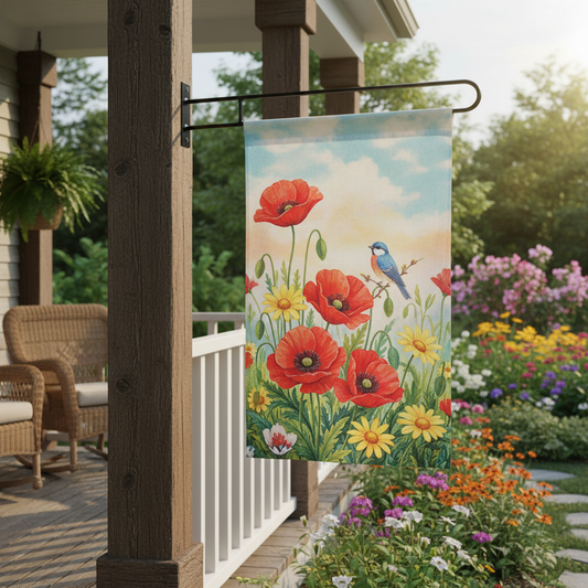 Decorative garden flag with flowers and a bird hanging on a porch post.