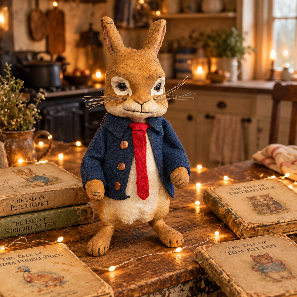 Papier mache figure of Peter Rabbit amongst books by Beatrix Potter in a primitive kitchen.