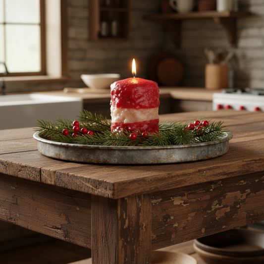 Decorative candle with greenery on a rustic wooden table in a kitchen setting