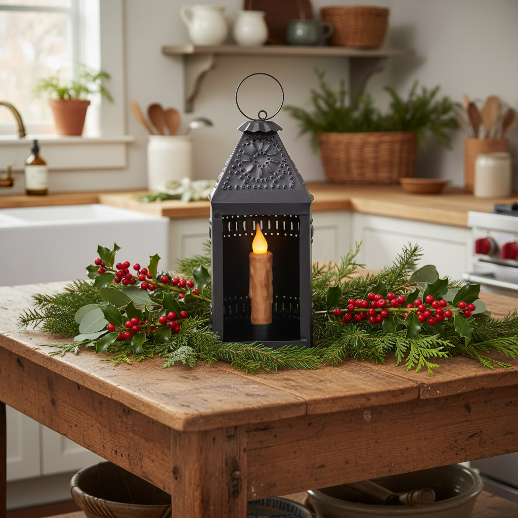 Punched tin ship's lantern with fresh greens and berries on kitchen island