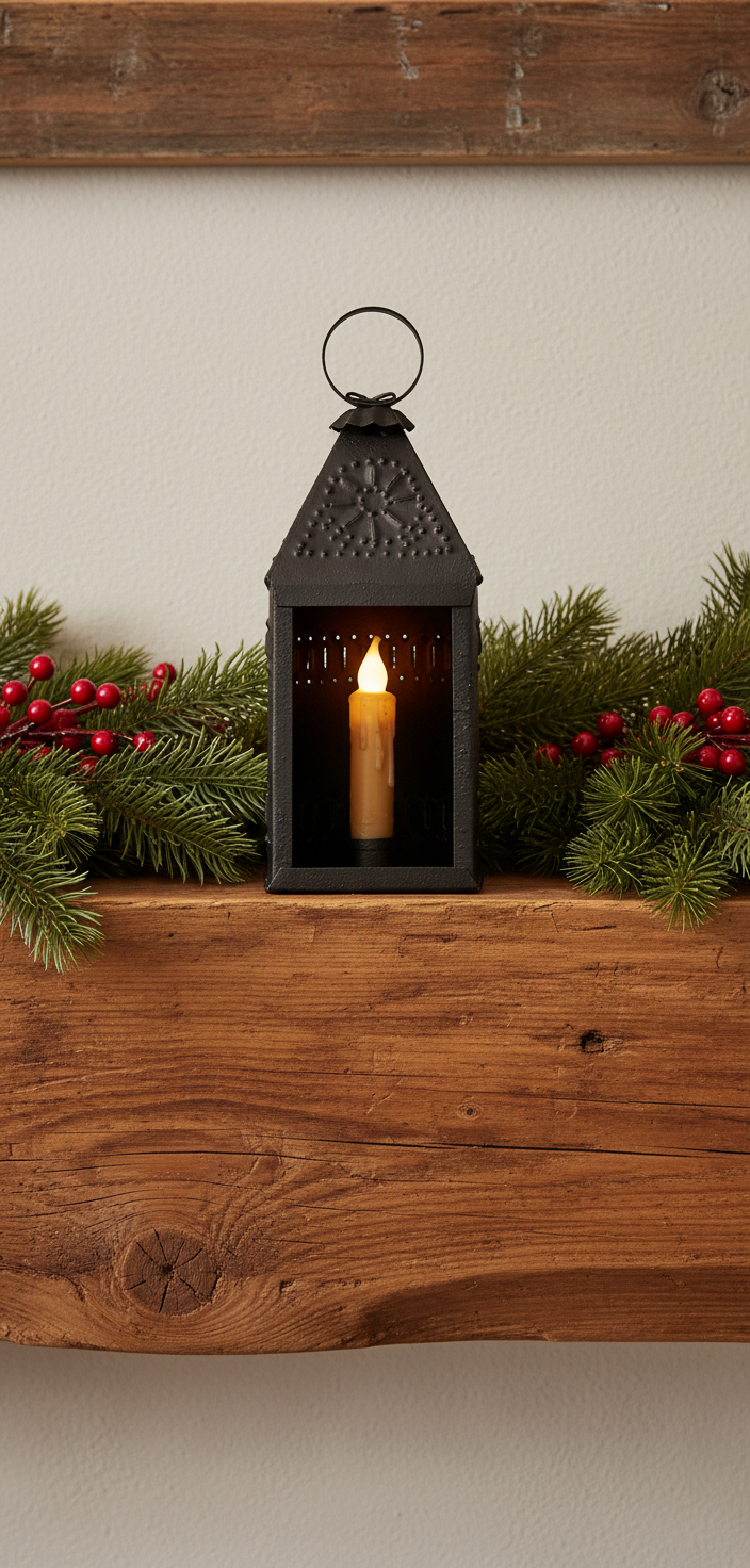 Black lantern with a lit candle on a wooden shelf with greenery and berries.
