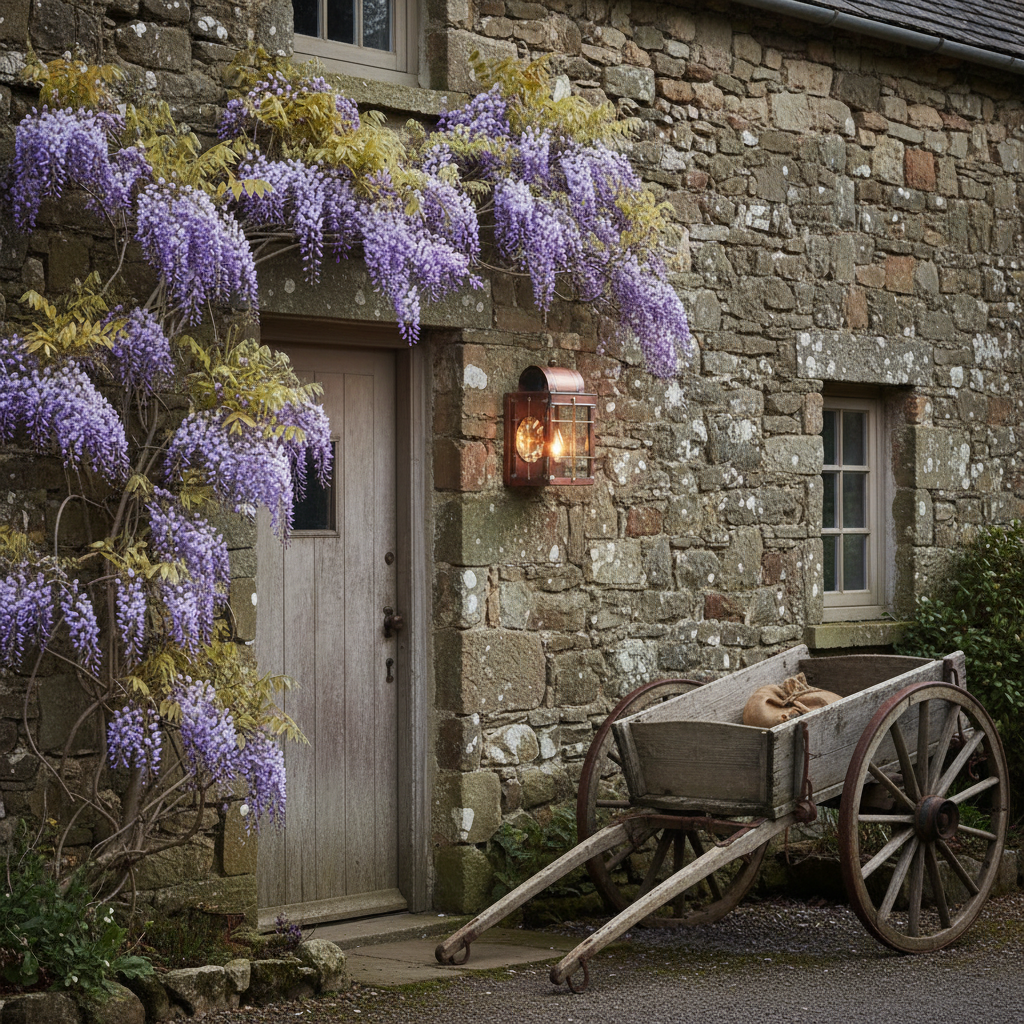 Stone building with wisteria climbing the wall and an old wooden cart in front.