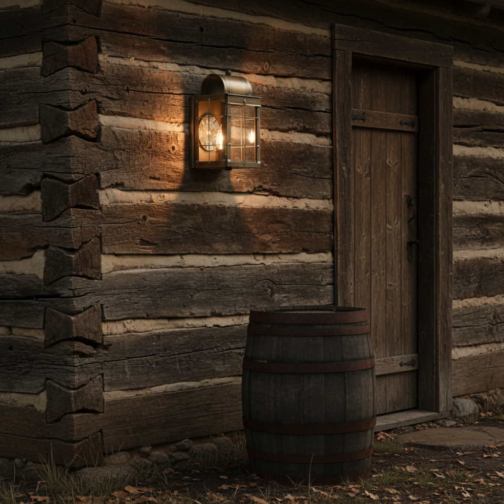 Wooden log cabin with a lantern on the wall and a barrel in front