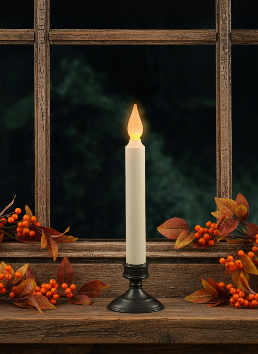White candle with black base on a wooden surface with autumn leaves and berries, against a dark window pane background.