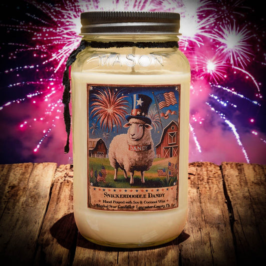 Candle jar with a label featuring a sheep and American-themed design, set against a vibrant fireworks display.
