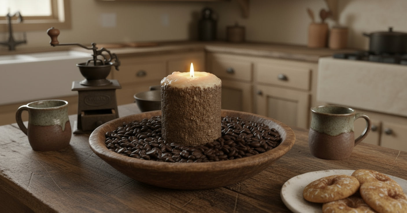 Burning hearth candle in kitchen setting next to a plate of cookies.