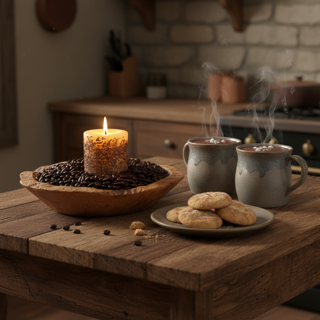 Candle, coffee beans, mugs, and cookies on a wooden table in a cozy kitchen setting.