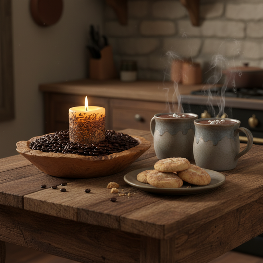 Candle, coffee beans, mugs, and cookies on a wooden table in a cozy kitchen setting.